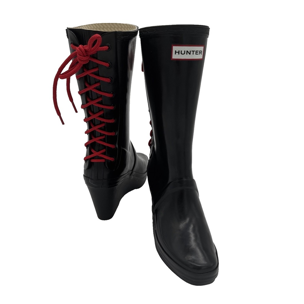 HUNTER Verbier Wedge Rain Boots Black / Red Lace-up Rare Size 5 wellies